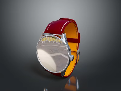Stylish Wrist Watch With Red Leather Strap Round Dial Silver Rim And Decorative Details 3d model