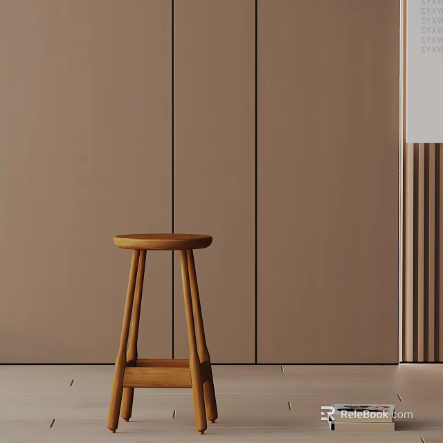 Wooden Bar Stool Minimalist Design Simple Structure Against Brown Wall Background 3d model