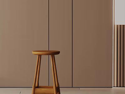 Wooden Bar Stool Minimalist Design Simple Structure Against Brown Wall Background 3d model