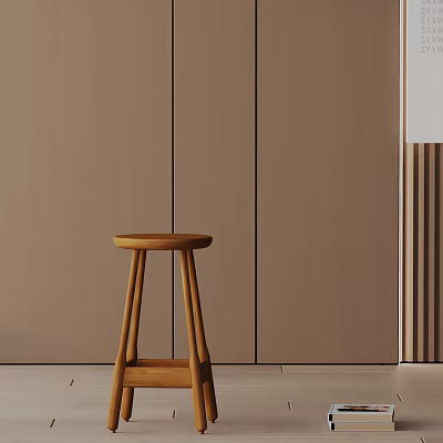 Wooden Bar Stool Minimalist Design Simple Structure Against Brown Wall Background 3d model