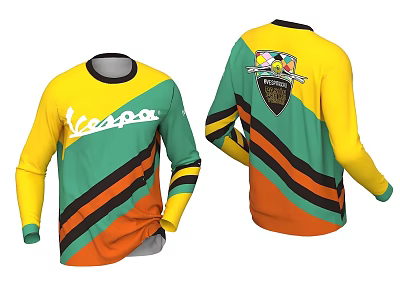 Vibrant Long Sleeve Sports Shirt With Yellow Green Orange Black Stripes And Vespa Logo 3d model