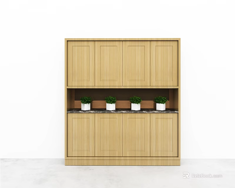 Wooden Storage Cabinet with Upper and Lower Cabinets Middle Shelf Marble Top and Green Plants 3d model 