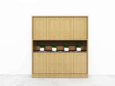 Wooden Storage Cabinet with Upper and Lower Cabinets Middle Shelf Marble Top and Green Plants 3d model
