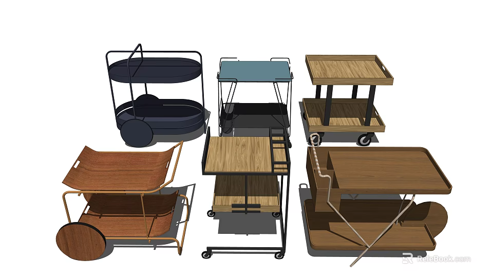 Versatile Wooden And Metal Trolley Designs With Multi Tiered Shelves And Wheels 3d model 