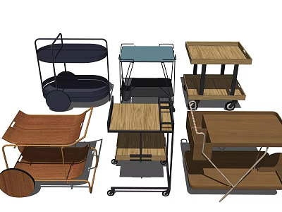Versatile Wooden And Metal Trolley Designs With Multi Tiered Shelves And Wheels 3d model