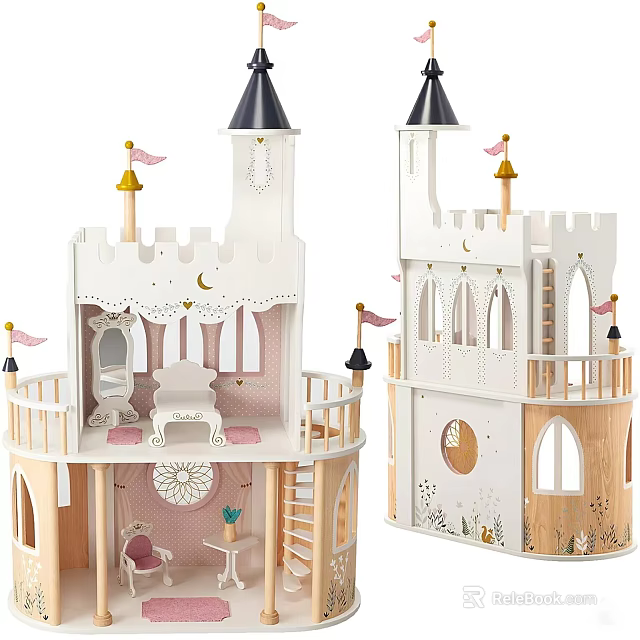Wooden Fairy Tale Castle Toy With Turrets Flags And Interiors 3d model 