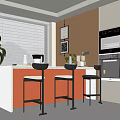 Modern Bar Counter With Bar Stools Coffee Machine Window Blinds And Decorative Paintings