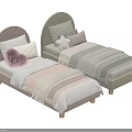 Two Single Beds With Arched Headboards Soft Colored Striped Sheets And Decorative Pillows 3d model
