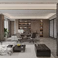Modern Office Interior Design With Desk Chairs Bookshelves Sofa Marble Coffee Table And Plants