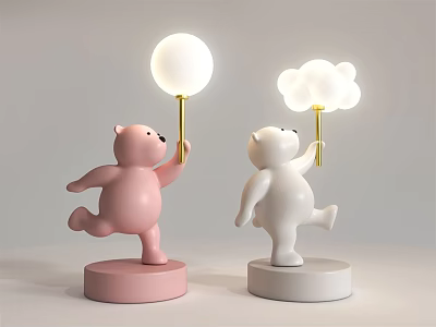 Cute Bear Shaped Pink And White Table Lamp With Round Ball And Cloud Shaped Light 3d model
