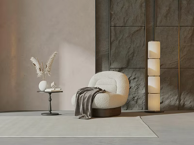 Cozy White Single Sofa With Gray Blanket And Floor Lamp By Stone Wall 3d model