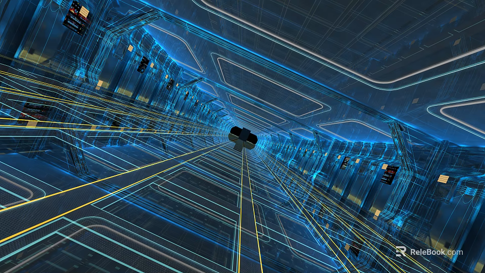 Cartoon Futuristic Corridor Scene With Glowing Blue Yellow Lines And Tech Elements 3d model