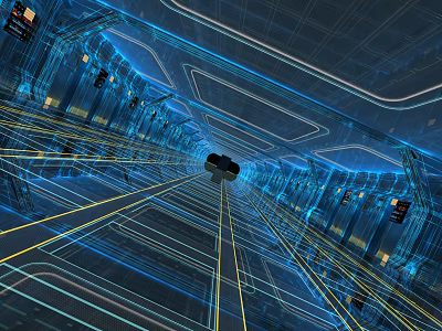 Cartoon Futuristic Corridor Scene With Glowing Blue Yellow Lines And Tech Elements 3d model