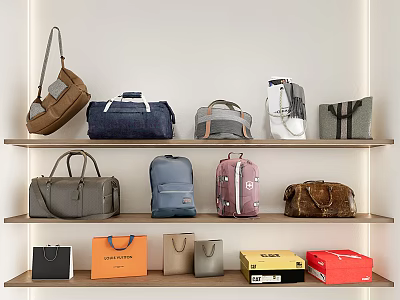 Various Colored Bags And Boxes Display On Wooden Shelves White Wall 3d model