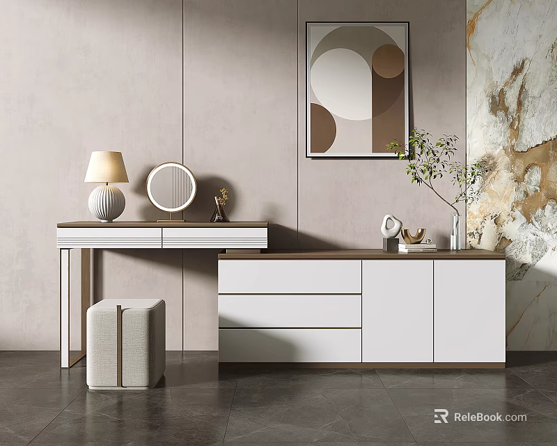 Modern Dressing Table Interior Design With Table Lamp Mirror Stool And Green Plant 3d model