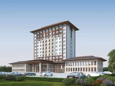 Tall Hotel Building With Brown Roof White Facade Windows Green Lawn And Front Parking Lot 3d model