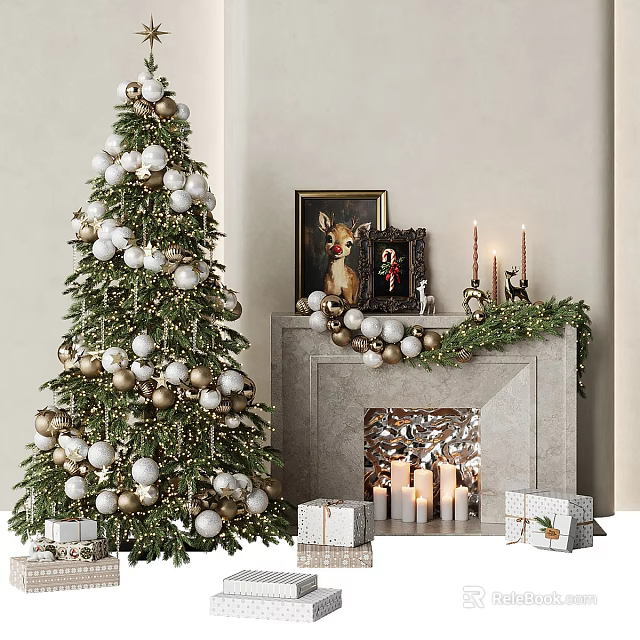 Christmas Tree Made Of Building Blocks With Ornaments Fireplace And Gift Boxes 3d model 