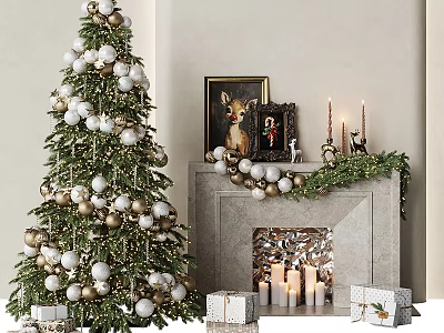 Christmas Tree Made Of Building Blocks With Ornaments Fireplace And Gift Boxes 3d model