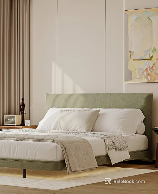 Modern Double Bed Featuring Green Headboard White Pillows Nightstand And Wall Artwork 3d model 