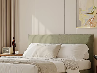 Modern Double Bed Featuring Green Headboard White Pillows Nightstand And Wall Artwork 3d model
