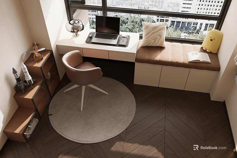 Modern Desk and Chair Set in Home Office with Laptop Window Seat Pillow and Rug 3d model 