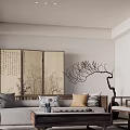 Elegant Modern Living Room Interior With Sofa Coffee Table Wooden Screen And Decorative Branch