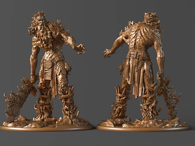 Intricately Carved Bronze Warrior Sculpture With Armor Sword And Flame Base 3d model
