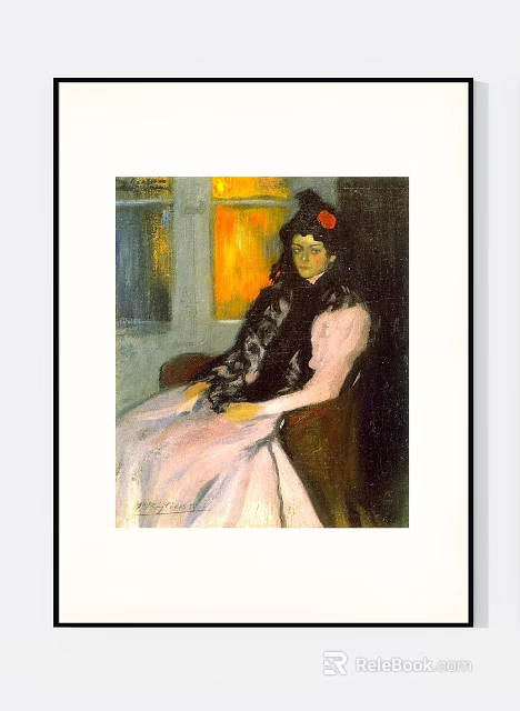 Portrait Painting Featuring Woman in Pink Dress Black Coat Red Flower Hat Seated by Window 3d model 