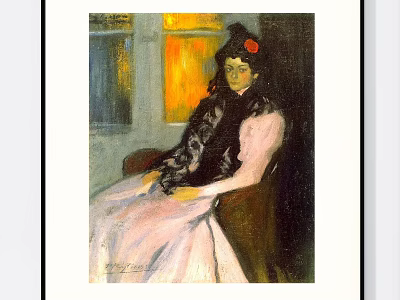 Portrait Painting Featuring Woman in Pink Dress Black Coat Red Flower Hat Seated by Window 3d model