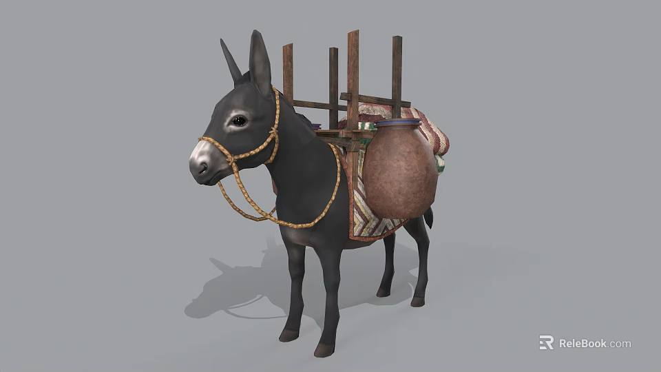 Donkey Carrying Traditional Saddle With Decorative Pot And Wooden Straps 3d model 