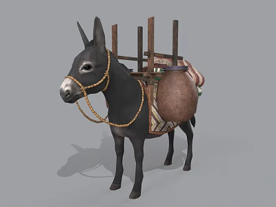 Donkey Carrying Traditional Saddle With Decorative Pot And Wooden Straps 3d model