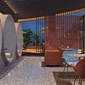 Outdoor Restaurant Terrace with Umbrellas Tables Chairs Green Plants Stone Path Lighting and Sunset Sky
