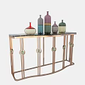 Modern Decorative Console Table With Circular Metal Frame And Decorative Vases Candles 3d model