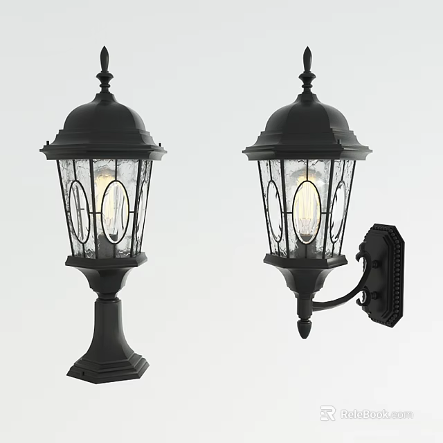 Black Outdoor Lights With Metal Frame Glass Shade Post And Wall Mount Design 3d model 