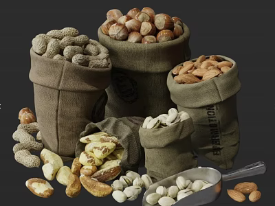 Various Types Of Nuts In Burlap Sacks With Scattered Kernels And Scoop 3d model