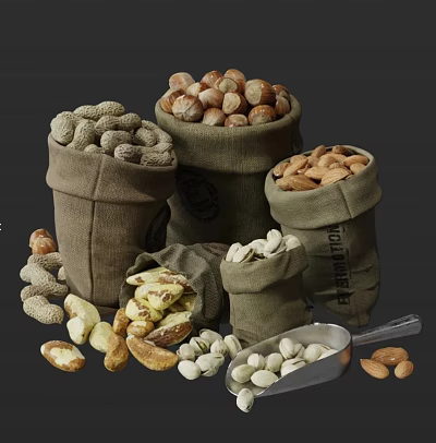 Various Types Of Nuts In Burlap Sacks With Scattered Kernels And Scoop 3d model