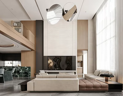 Modern Living Room Interior With Neutral Tones Large Windows Sofa And Chandelier 3d model