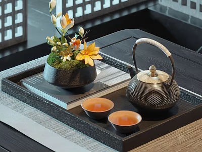 Elegant Black Tea Set with Teapot and Two Teacups on Tray and Book with Flowers 3d model