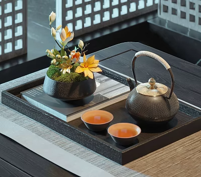 Elegant Black Tea Set with Teapot and Two Teacups on Tray and Book with Flowers 3d model