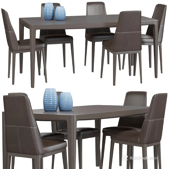 Modern Brown Leather Dining Table And Six Chairs Set With Blue Vases 3d model