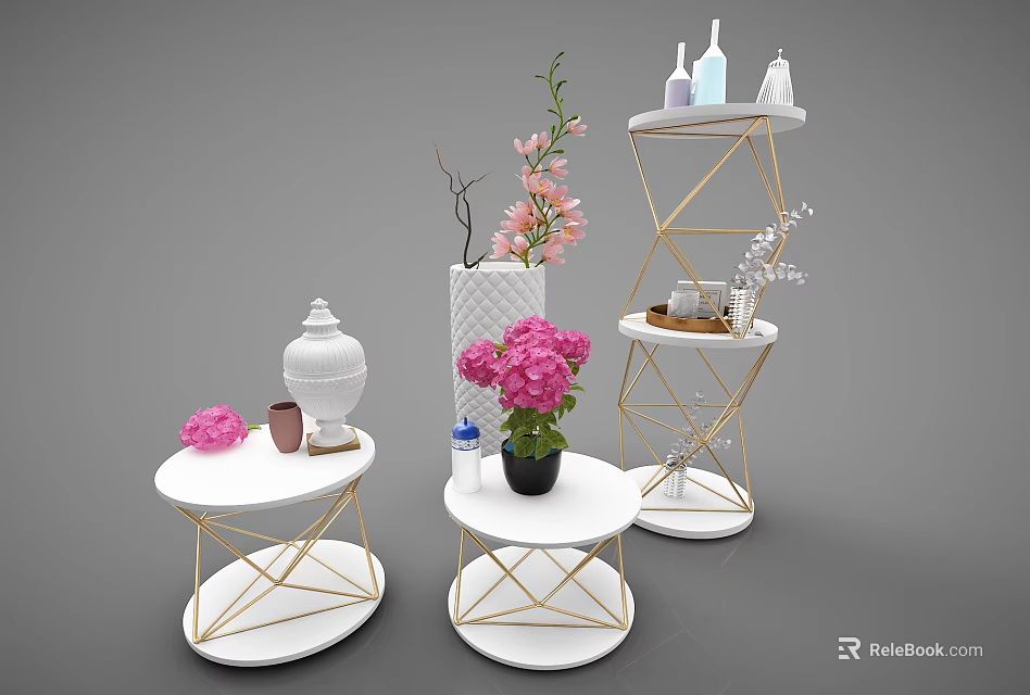 Elegant Decorative Ornament Set With White Round Gold Frame Tables Pink Flowers And Tiered Shelf 3d model 