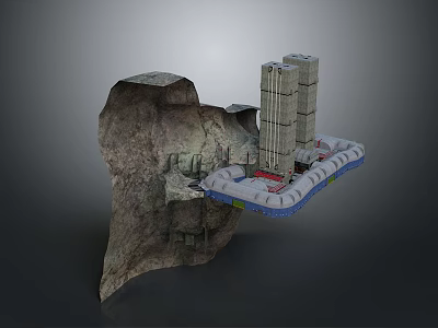 Rock Formation Adjacent To Modern Tall Buildings On Floating Platform Structure 3d model