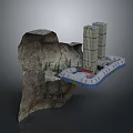 Rock Formation Adjacent To Modern Tall Buildings On Floating Platform Structure