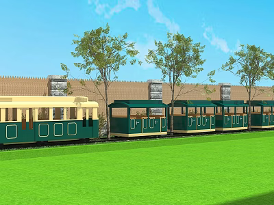 Scenic Garden Landscape Featuring Green Lawn Trees And Green Beige Vintage Train 3d model