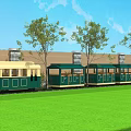 Scenic Garden Landscape Featuring Green Lawn Trees And Green Beige Vintage Train