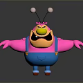 Playful Game Movie Character With Pink Body Yellow Face Antennae And Blue Overalls Outstretched Arms