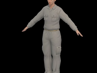 Man In Gray Work Uniform Standing With Arms Outstretched On Black Background 3d model