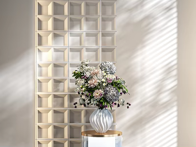 White Vase With Mixed Flowers On Pedestal Against Geometric Pattern Wall With Sunlight Shadows 3d model