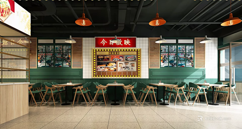 Modern Restaurant Interior Design With Green Walls Wooden Tables And Orange Pendant Lights 3d model 