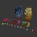 Detailed Wooden Sailboats Models With Black And White Sails Small Boats Barrels And Pirate Figures